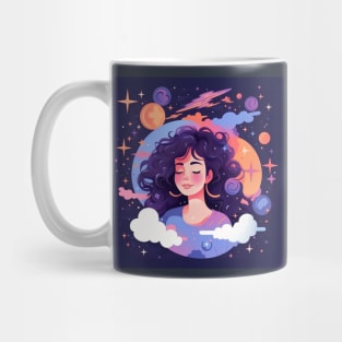 Woman with sweet dreams concept Young girl with galaxy and universe at hairs Mug